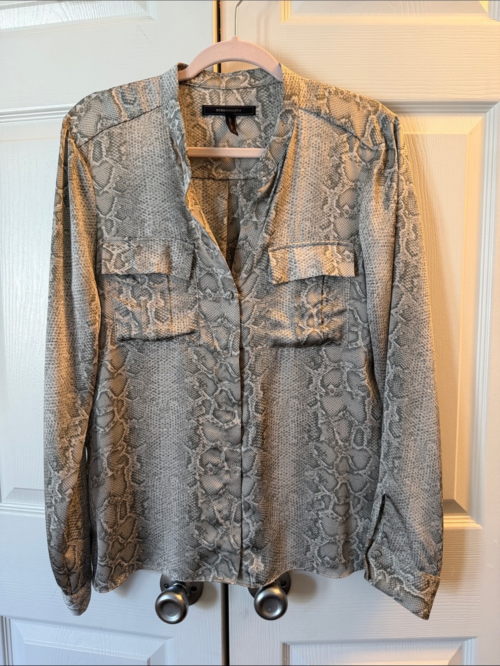 BCBGMaxAzria Snake Print Longsleeve Button-Down Blouse in Neutral Gray
